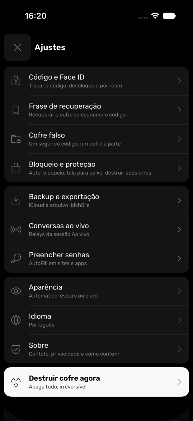 Settings, passcode, recovery phrase, decoy vault and protection options